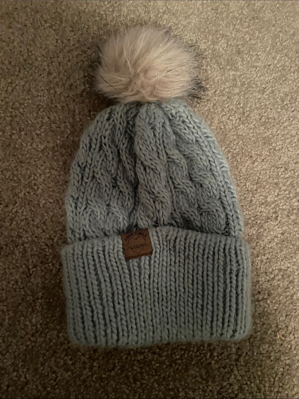 Light teal Knit Pom Beanie - Faux Fur Pom. Youth size 8-12.